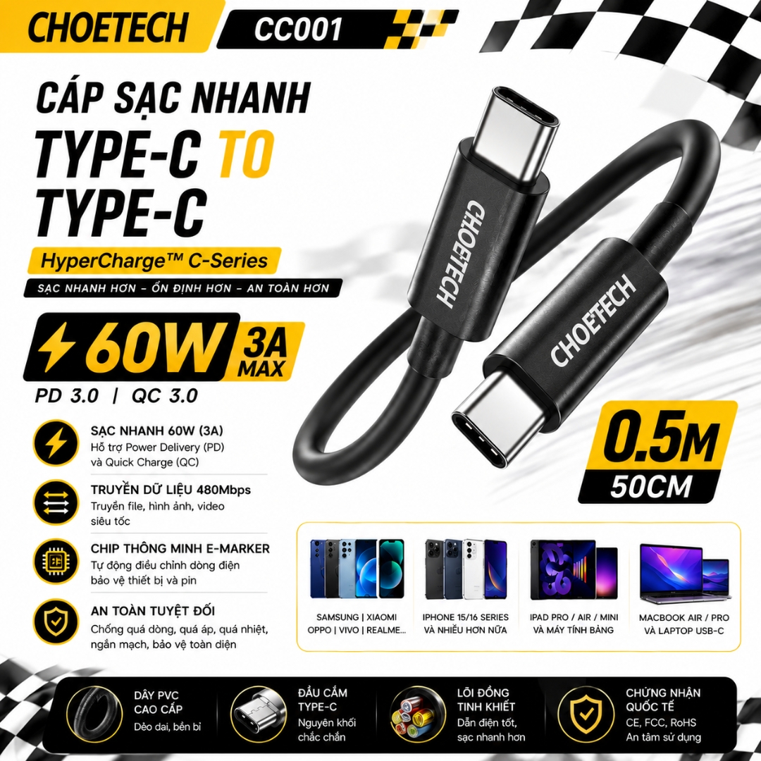 Dây cáp sạc nhanh PD QC 3.0 60W USB-C to Type-C Choetech Công nghệ HyperCharge C-Series -  - tiêu chuẩn CE, FCC, RoHS, 480Mbps | CHIP E-MARKER THÔNG MINH - Hàng nhập khẩu