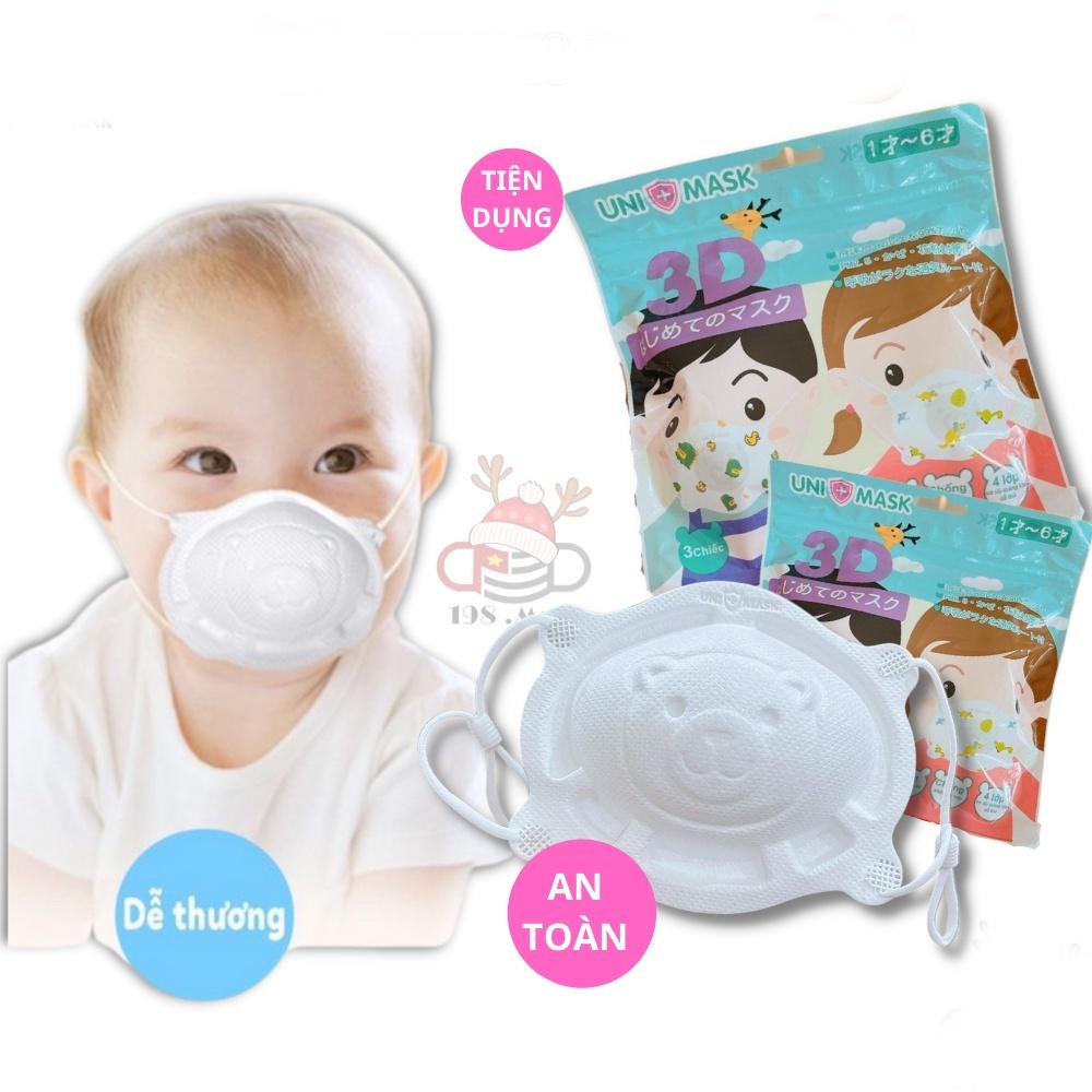 Hộp 3 khẩu trang gấu Uni Mask cho bé 6 tháng - 3 tuổi (có nút chỉnh dây đeo)