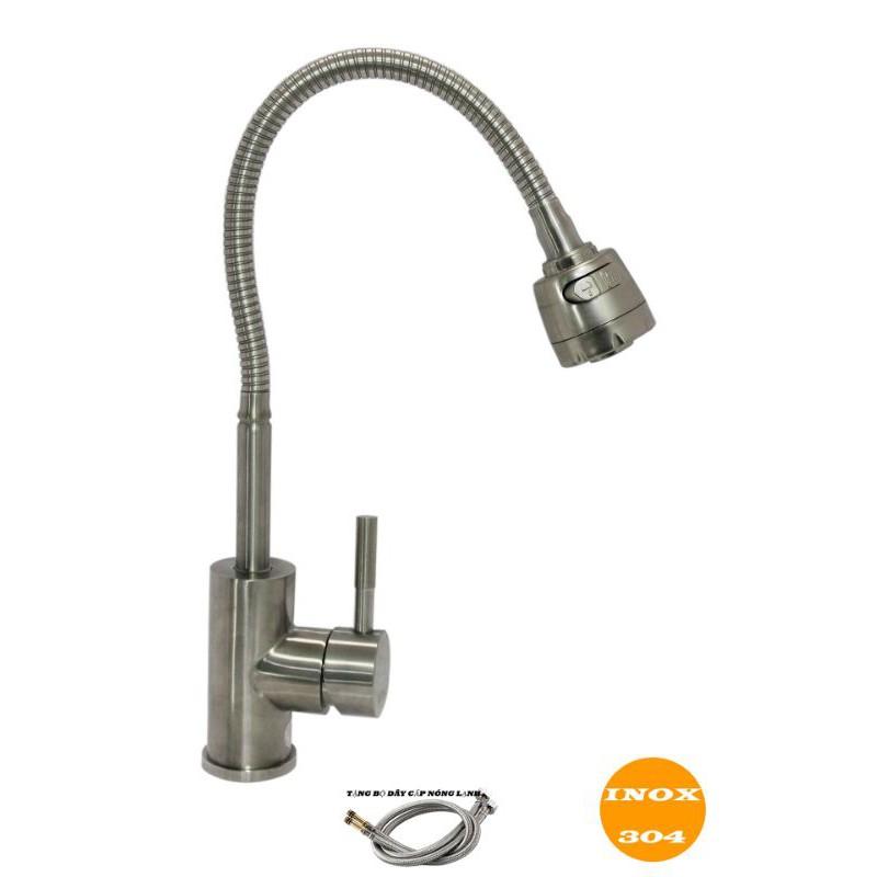 Vòi rửa chén Nóng Lạnh cần lò xo đầu vòi tăng áp 2 chế độ INOX 304 cao cấp HPN-RC08.Tặng kèm 2 dây cấp