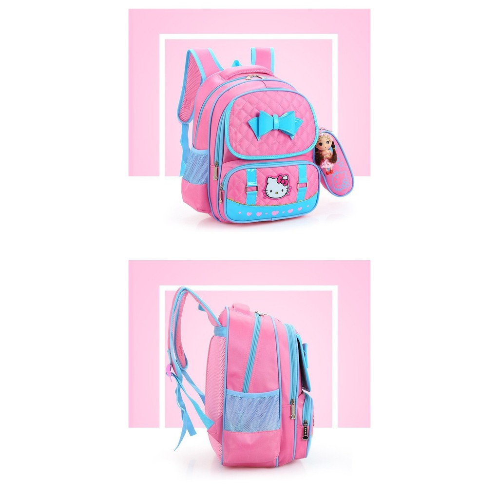 Balo đi học cấp 1 cho bé gái hình Hellokitty tặng kèm hộp bút và búp bê đáng yêu