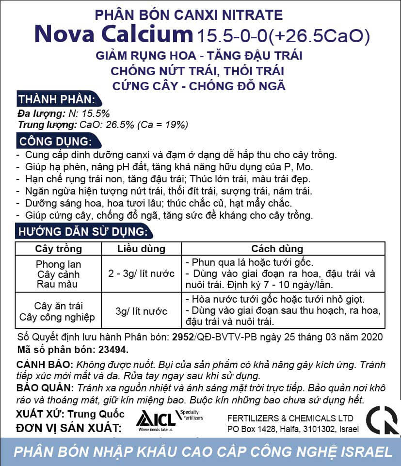 Phân Bón Israel NovAcid Calcium 15.5-0-0 (+26.5 Cao), Hoà Tan 100% Hạn chế rụng trái non, tăng đậu trái và sức đề kháng cho cây trồng