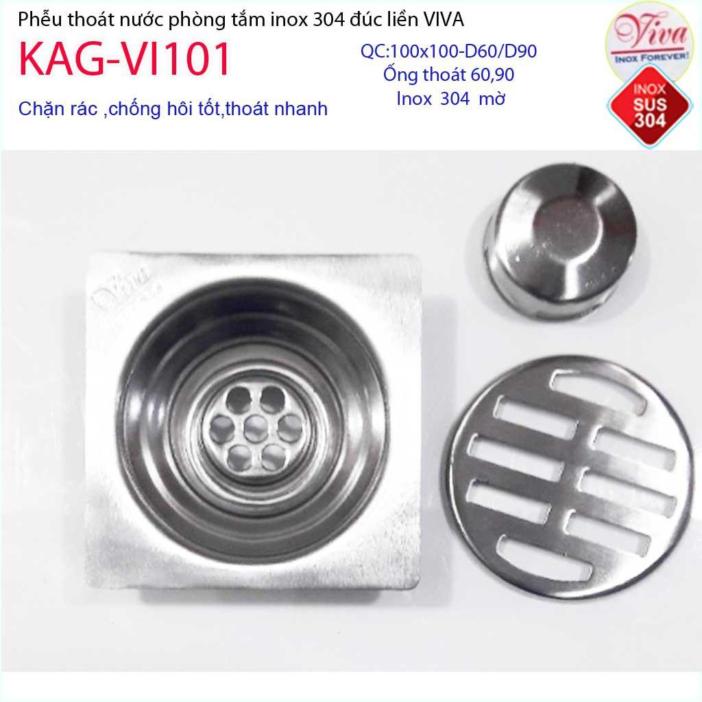 Phễu thoát sàn Viva 10x10 cm KAG-VI101 ống thoát 60mm chống mùi hôi inox 304, thoát sàn inox đúc dày thoát nước nhanh ch