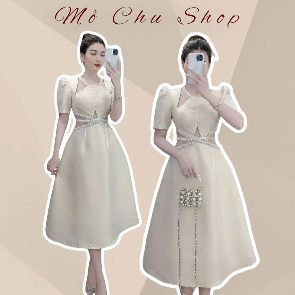Đầm xoè tay phồng đính chuỗi eo