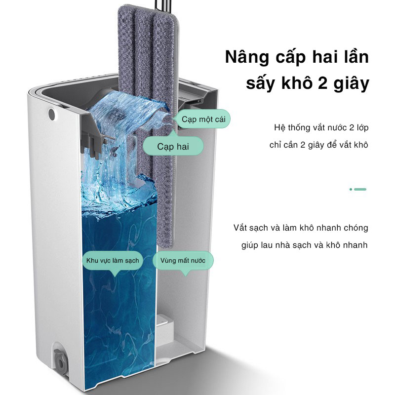 Bộ lau nhà cao cấp Kitimop-C6 PLUS có thùng vắt 2 ngăn sang xịn, chổi lau nhà thép chống rỉ xoay 360 độ đa năng tiện lợi