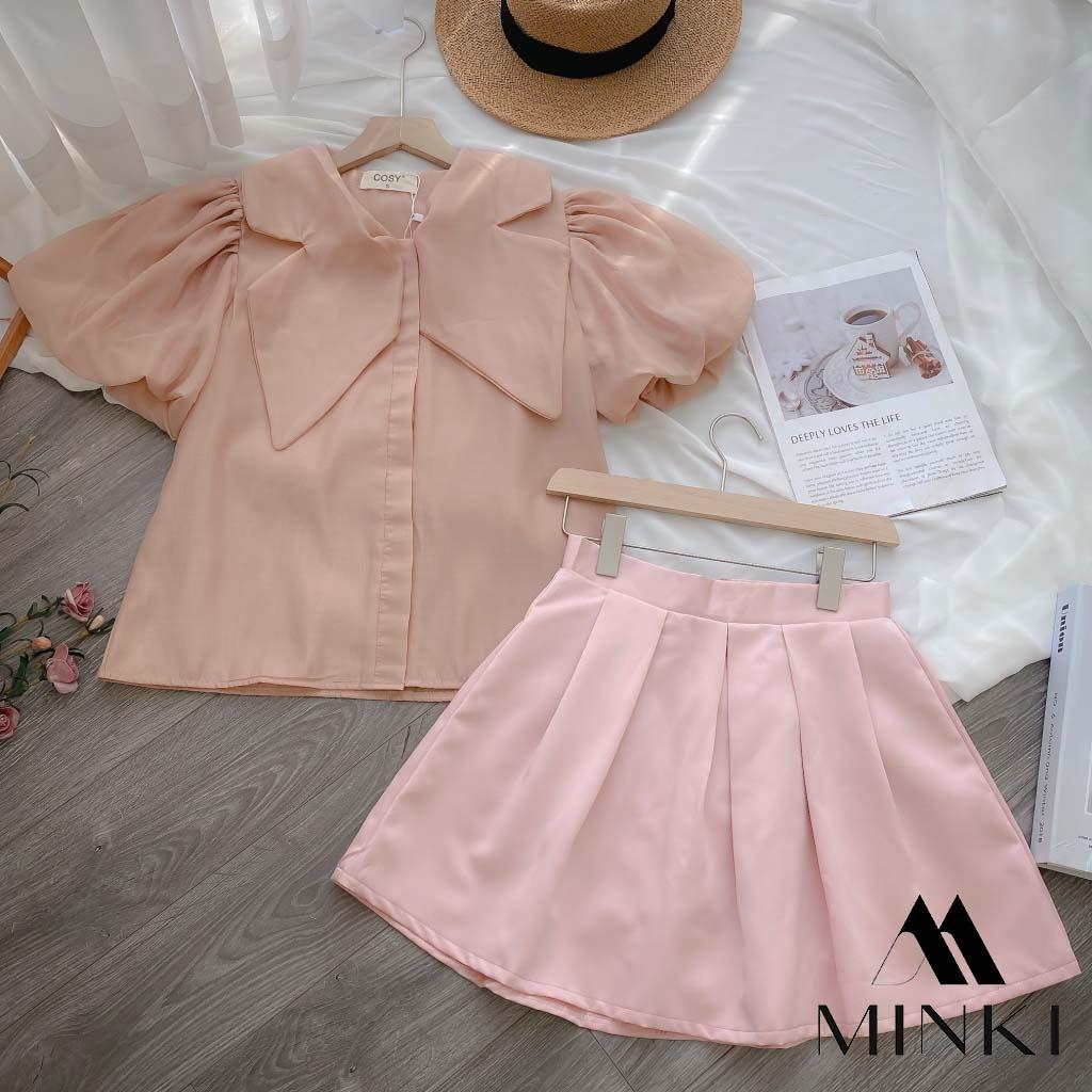 SET ÁO CỔ NHỌN VÀ CHÂN VÁY XẾP LY - CHẤT LIỆU TƠ CAO CẤP - MÀU HỒNG