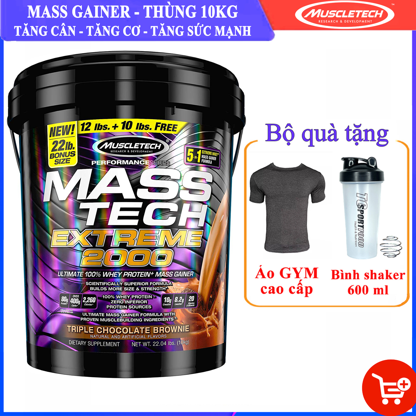 Combo Sữa tăng cân MASS TECH EXTREME 2000 của MuscleTech hương chocolate thùng 10kg hỗ trợ tăng cân tăng cơ nhanh cho người gầy kén ăn, khó hấp thu, khó tăng cân &amp; Bình lắc 600 ml (Màu Ngẫu Nhiên) &amp; Áo Gym size M