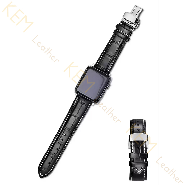 Dây Đồng Hồ Thay Thế Dành Cho Apple Watch 48 Ultra 45/44/42mm - 41/40/38mm, Chất Liệu Da Cá Sấu Cao Cấp Màu Đen May Thủ Công Chỉ Trắng Tương Thích Các Phiên Bản Series 8/7/6/5/4/3/2/1/SE Bảo Hành 12 Tháng