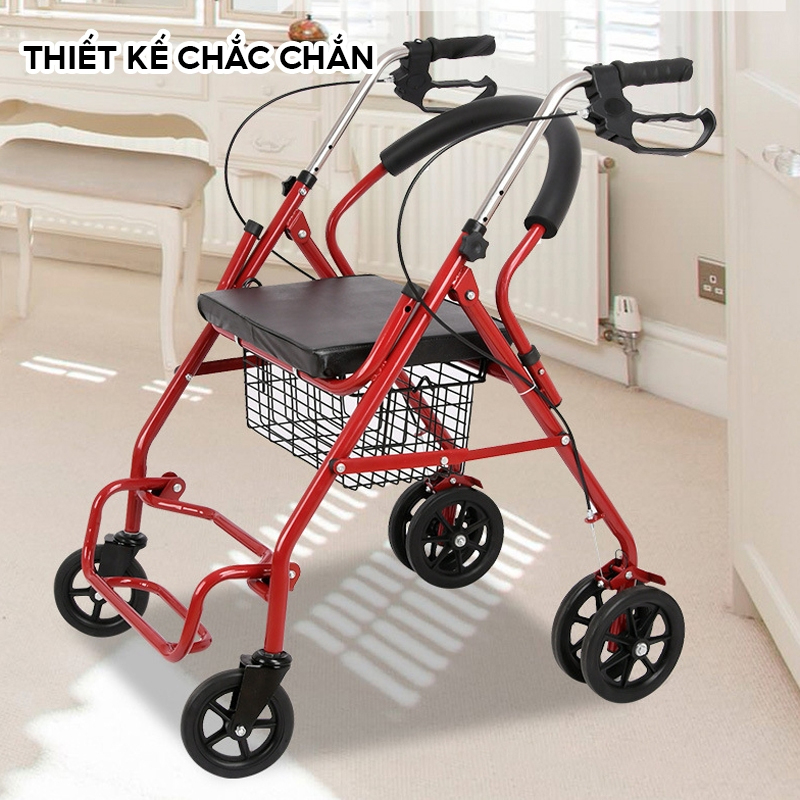 Xe Đẩy Tập Đi Cho Người Già Mẫu 2024, Người Tai Biến Đi Lại Kém Nâng Hạ Tay Lái Có Ghế Ngồi, Phanh, Giỏ Đựng