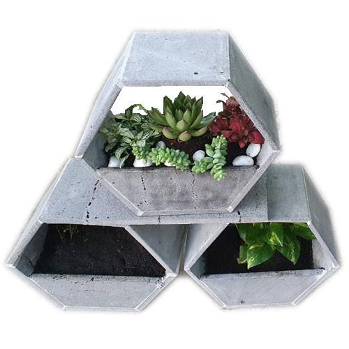 Set 3 chậu hoa lục giác để bàn bằng đá ong xám tự nhiên