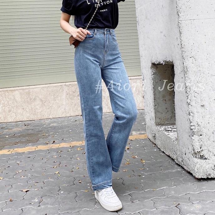 Quần Jeans Nữ AIORI Ống Suông Đứng Dáng dài chất bò jean cao cấp co giãn mềm mịn thời trang 4 mùa_Mã E001 - Xanh Nhạt