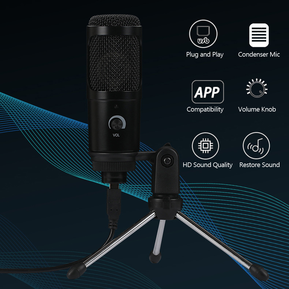 Micrô Ngưng Tụ USB Để Hát Karaoke Ghi Âm Phát Sóng Với TrIPod Plug And Play Cho Máy Tính Xách Tay