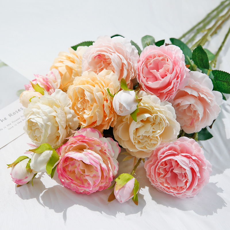 Hoa lụa cao cấp, bó 10 bông hoa mẫu đơn Peonia kèm nụ điểm xinh tươi trang trí phòng khách MD-201