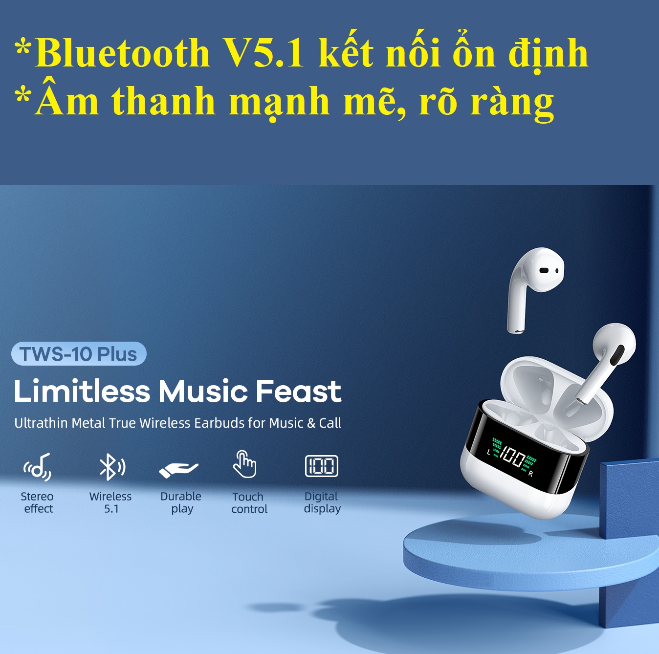 Tai nghe không dây Bluetooth V5.1 LED hiển thị pin Remax TWS-10Plus _ Hàng chính hãng