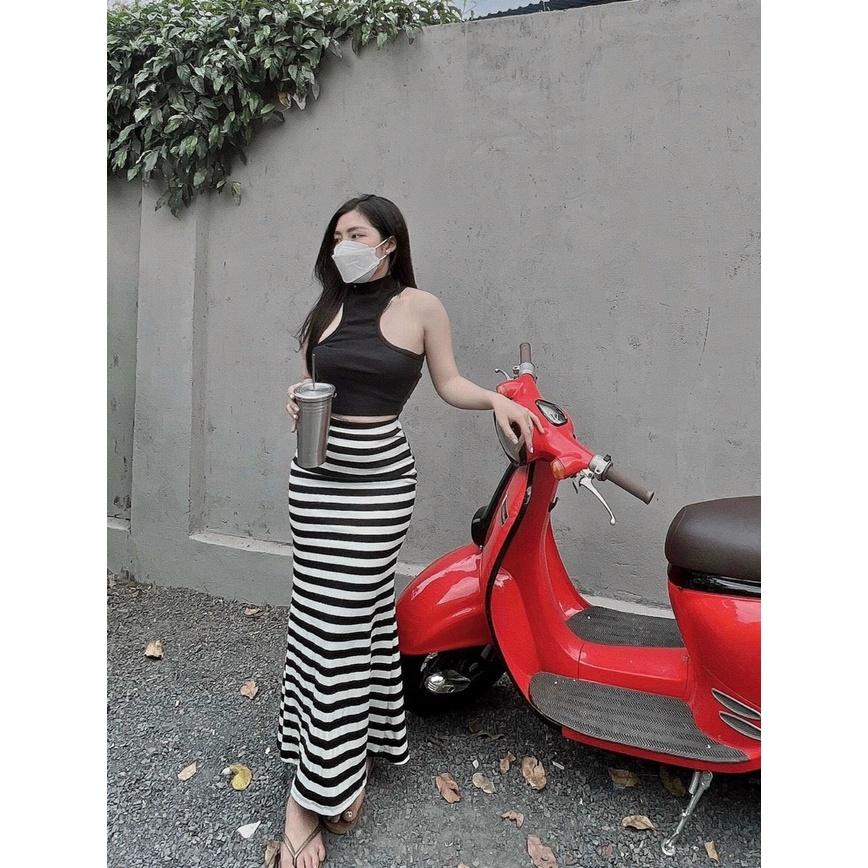 SET ĐỒ NỮ ĐI CHƠI, SET 2 MÓN ÁO KIỂU CROPTOP PHỐI CHÂN VÁY SỌC NGANG ĐUÔI CÁ CỰC SEXY - xanh lá