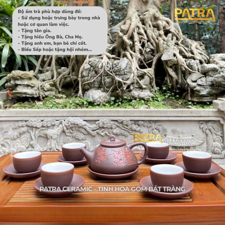 Bộ ấm chén uống trà cao cấp , bộ ấm trà Bát Tràng - trường sa thạch biều khắc hoa mai