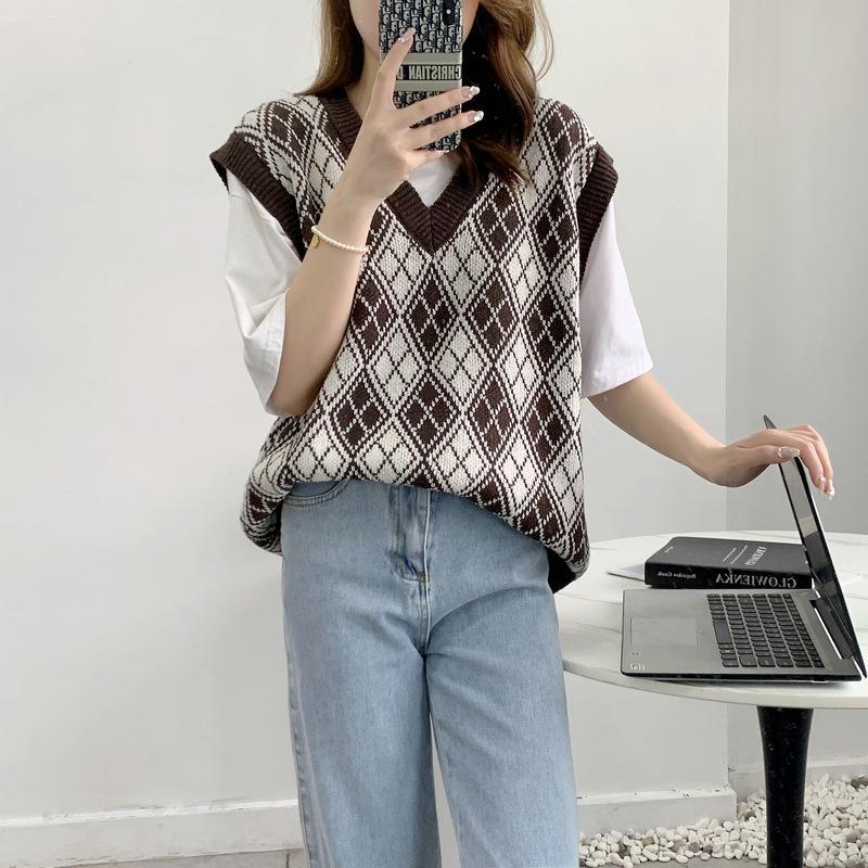 MS790 Áo gile len nữ cổ tim hoạ tiết trám Hàn quốc