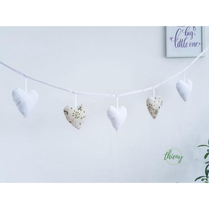 Dây trái tim vải cotton kaki xịn, may đẹp - trang trí, Decor, Sinh nhật, màu trắng hoa cẩm tú cầu