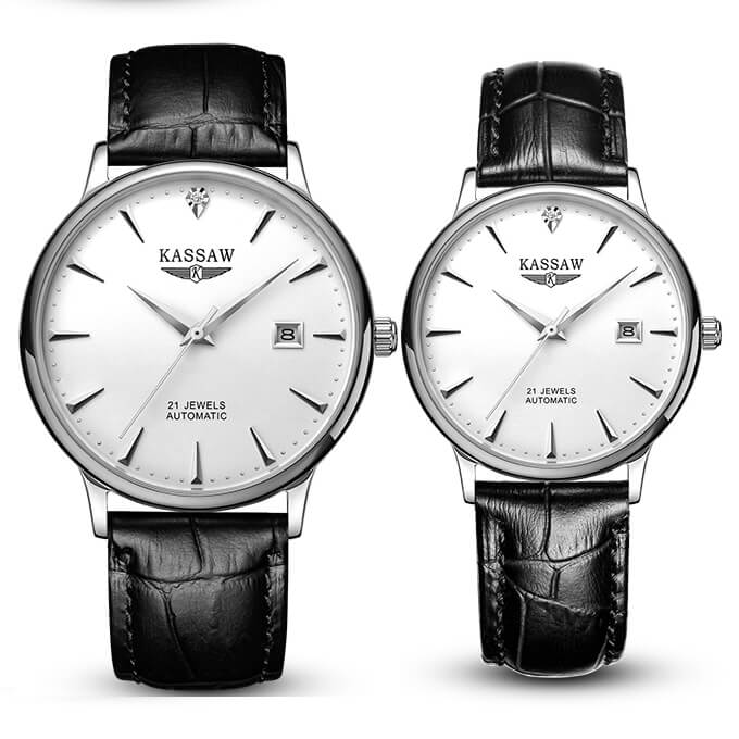 Đồng hồ đôi chính hãng KASSAW K865-8 chống nước,chống xước,kính sapphire ,mặt trắng dây da xịn ,hàng mới 100% ,Đồng hồ cơ ,Thiết kế đơn giản và sang trọng