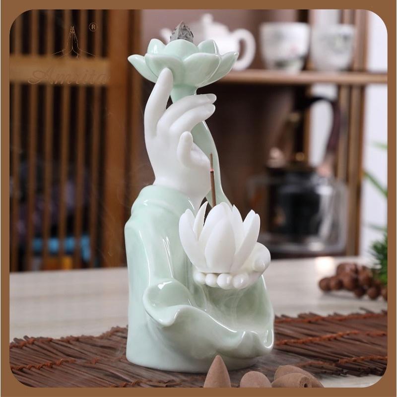 Thác khói Trầm Hương Bàn Tay Phật Cao Cấp - Thủ Ấn Tránh Ác Tarjani Mudra Hoa Sen - Amrita