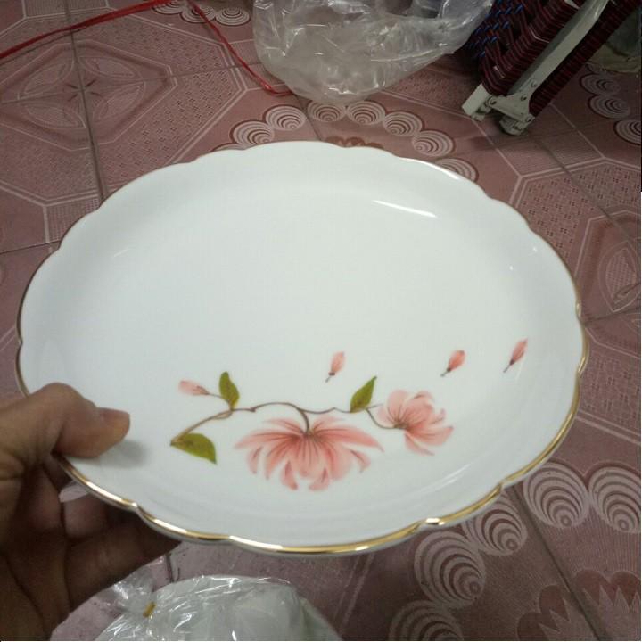 Bộ ấm chén hoa đào viền vàng vẽ tay cao cấp