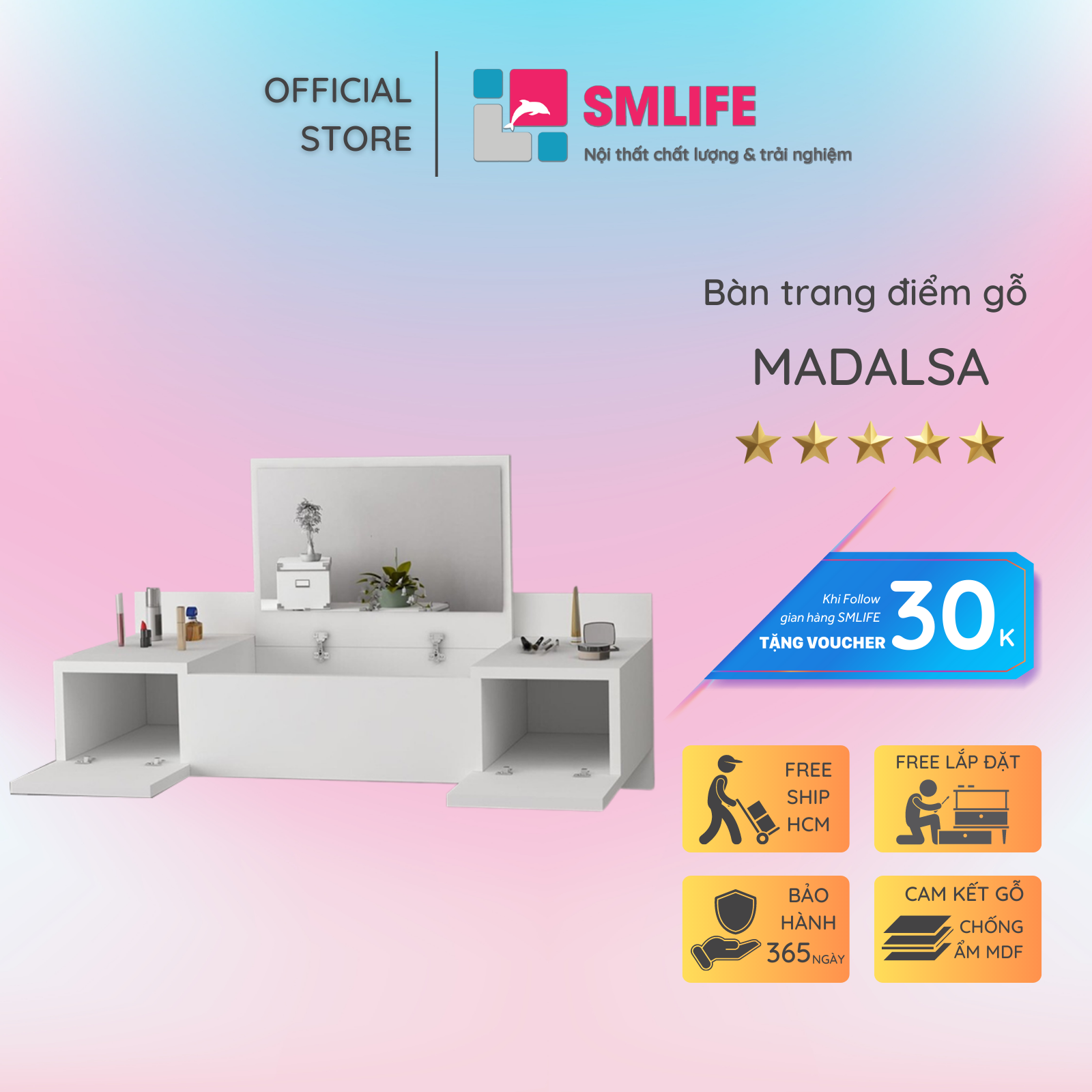 Bàn trang điểm gỗ hiện đại SMLIFE Madalsa | Gỗ MDF dày 17mm chống ẩm | D100xR35xC33cm