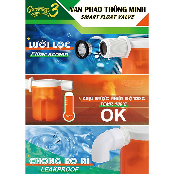 Van Phao Cơ Thông Minh Chống Tràn ONPAS Thế Hệ Mới, Tự Ngắt Nước Phi 21mm, 27mm