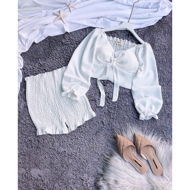 Set áo croptop cột nơ ngực có mút phối quần lưng cao bo nhún siêu xinh chất kate lụa