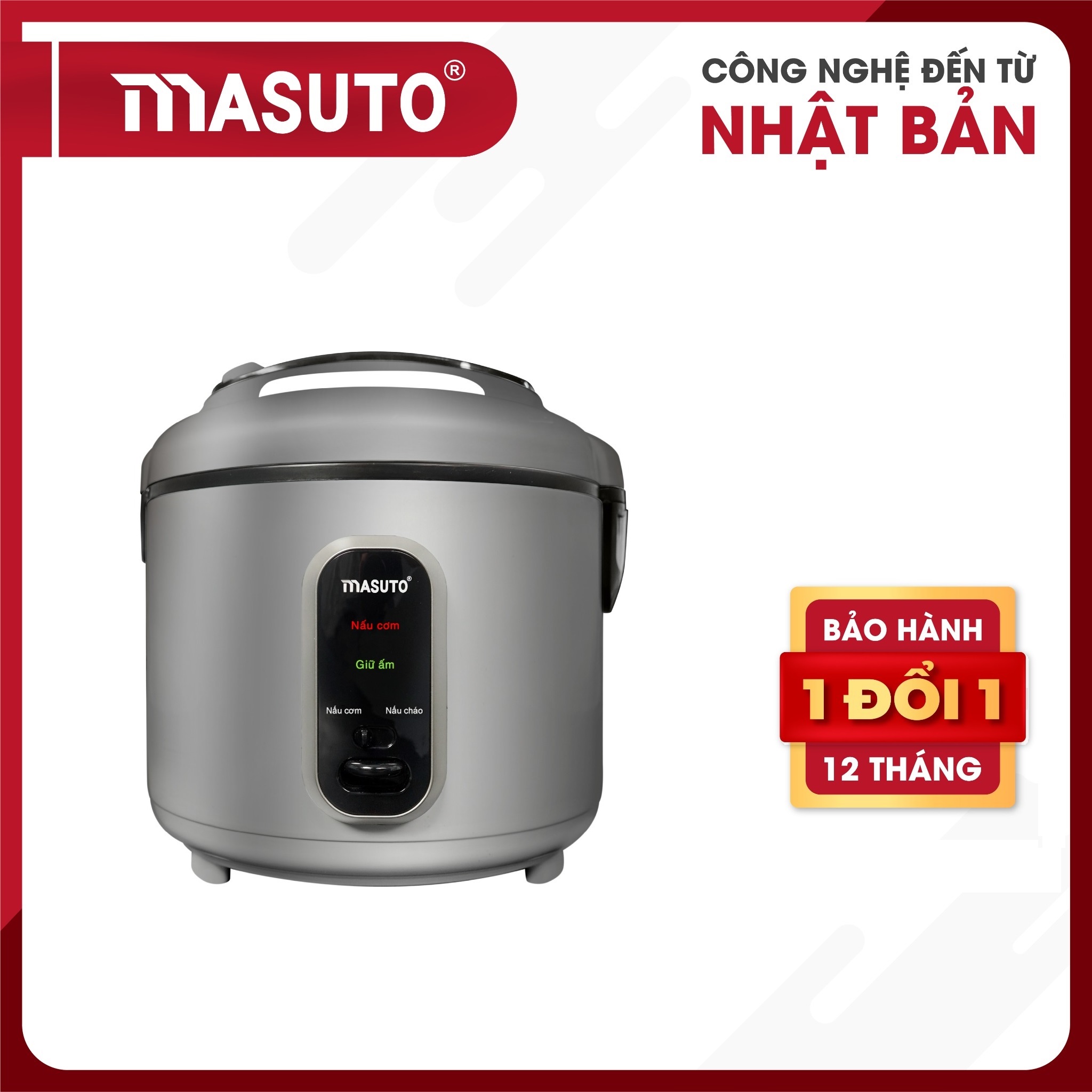 Nồi cơm điện lòng niêu 3D Masuto MS-RC1200 1,2 lít Model 2023, thiết kế sang trọng, chống dính cao cấp, công nghệ nhiệt 3D giúp cơm chín đều và nhanh hơn, nấu đa năng, chế độ nấu cháo riêng biệt - Hàng chính hãng