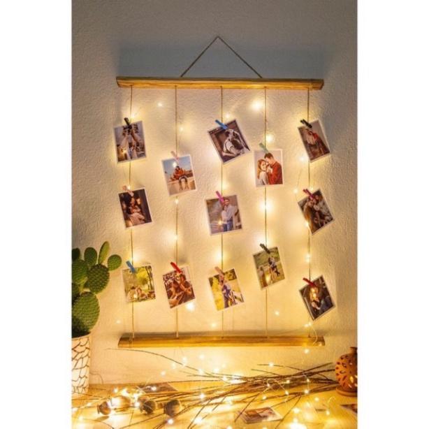 Khung ảnh treo tường vintage, khung ảnh treo tường gỗ thông tự nhiên kèm đèn led dây đèn đom đóm 3 mét dùng pin