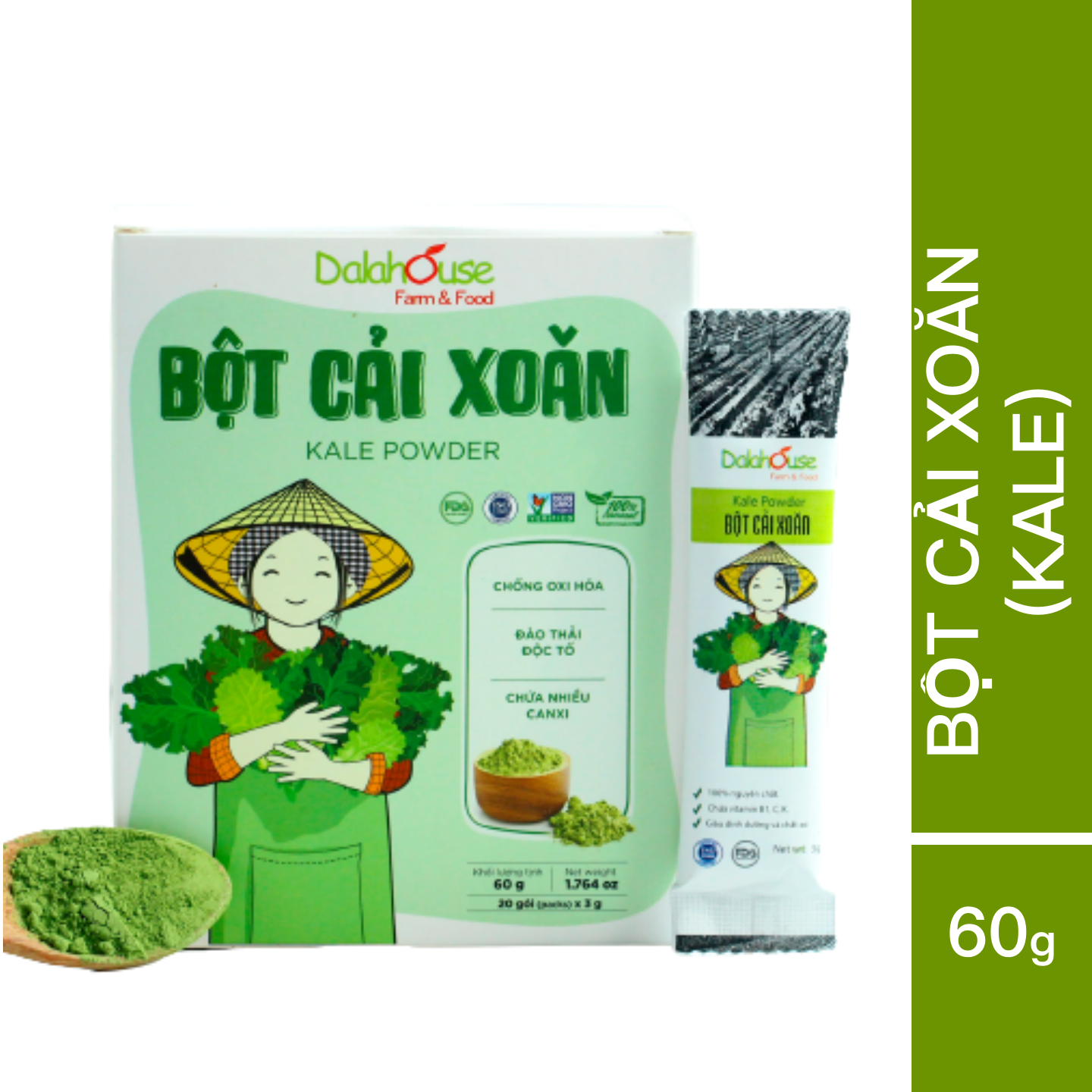 Bột cải xoăn kale Dalahouse 60gr (Mẫu mới gồm 20 tuýp tiện dụng) - Nguyên chất sấy lạnh - Detox thanh lọc cơ thể - Đạt tiêu chuẩn Châu Âu