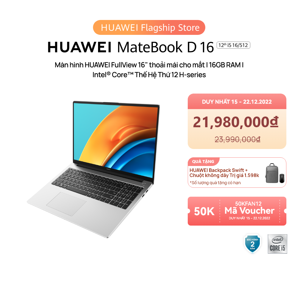 Máy Tính Xách Tay HUAWEI MateBook D 16 (16GB/512GB) Màn hình HUAWEI FullView 16&quot; | Intel Core i5 Thế Hệ Thứ 12 H-Series | Hàng Chính Hãng