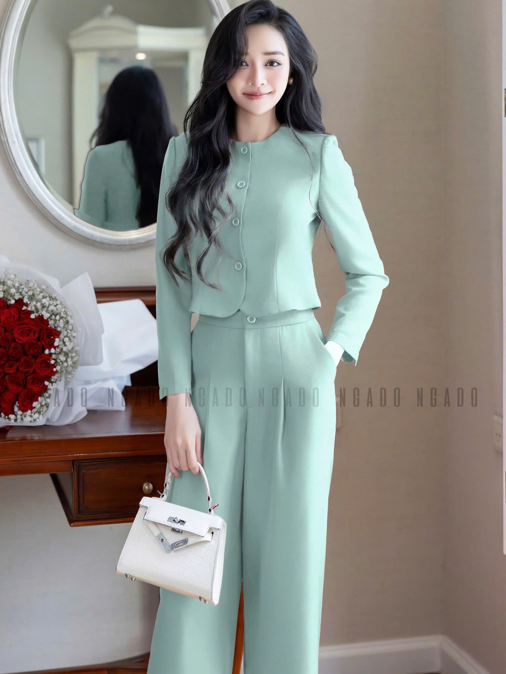 Set áo quần xanh mint cổ tròn NGADO , set áo quần dài , set công sở , dạo phố