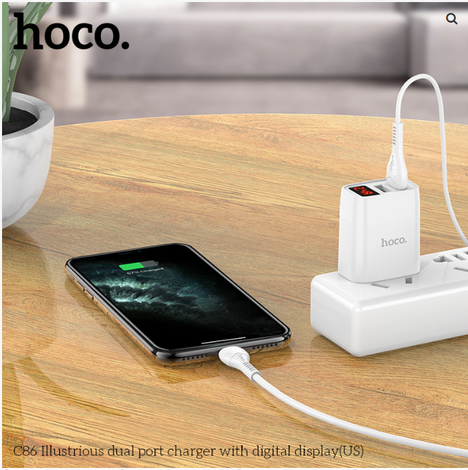 Cóc Sạc Nhanh Hoco C86 2 Cổng USB Màn Hình Led 2.4A dùng cho điện thoại iphone samsung - hàng chính hãng