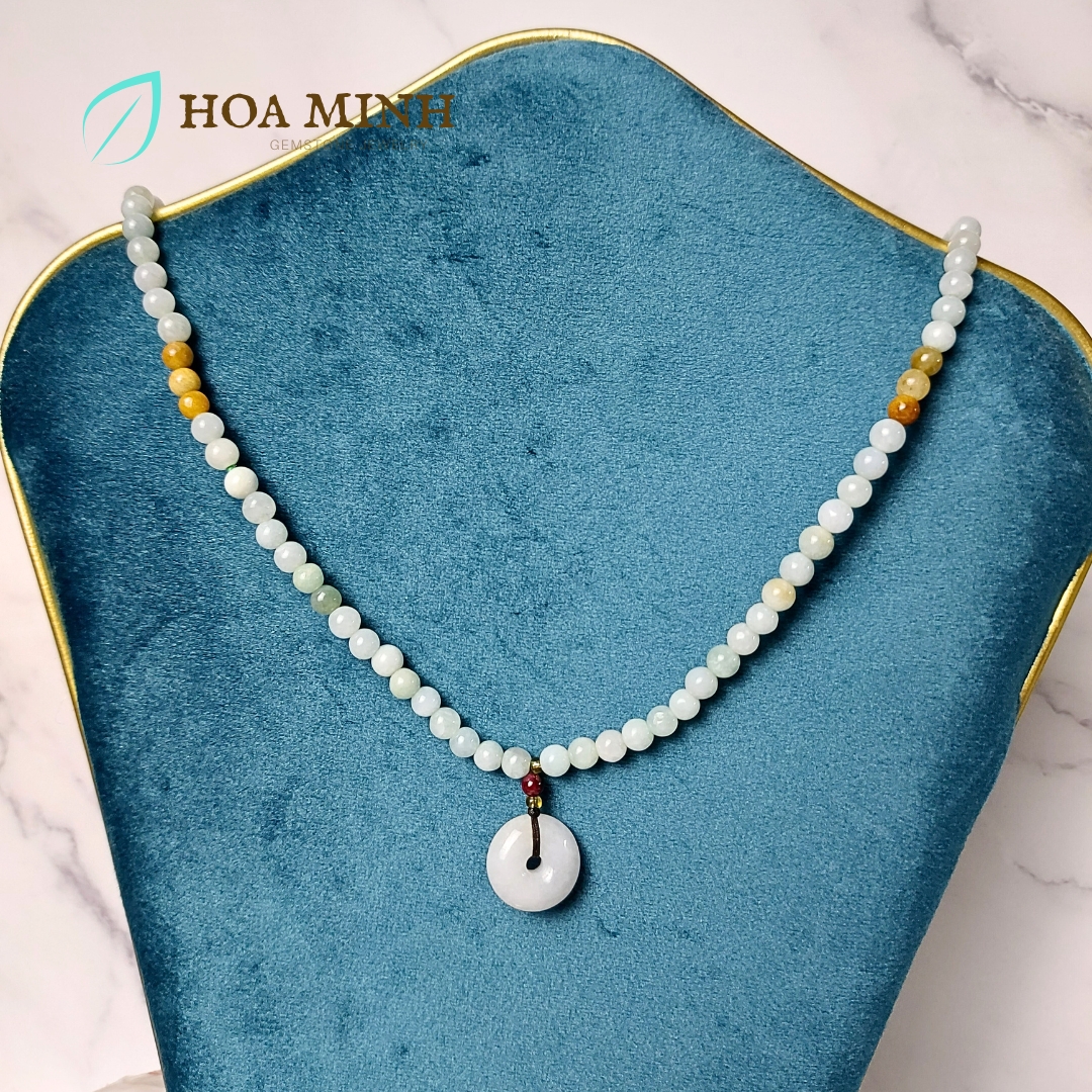 Vòng tay chuỗi 108 hạt Cẩm Thạch bạch ngọc nếp băng size hạt 5.5 li phối điếu cẩm thạch phong thủy tài lộc