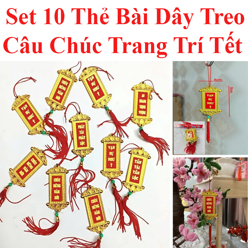 Set 10 Thẻ Bài Dây Treo Câu Chúc Trang Trí Tết