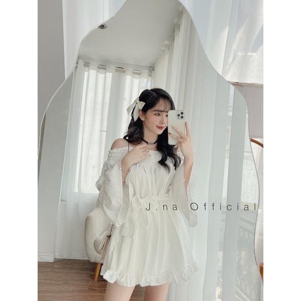 Áo váy trễ vai nơ eo ngực Đầm trễ vai Jna Official