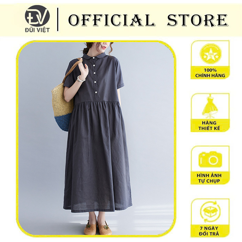 Đầm suông linen cổ sơ mi, Đầm maxi ngắn tay chất liệu linen mềm mát, thời trang phong cách trẻ Đũi Việt DVDA158