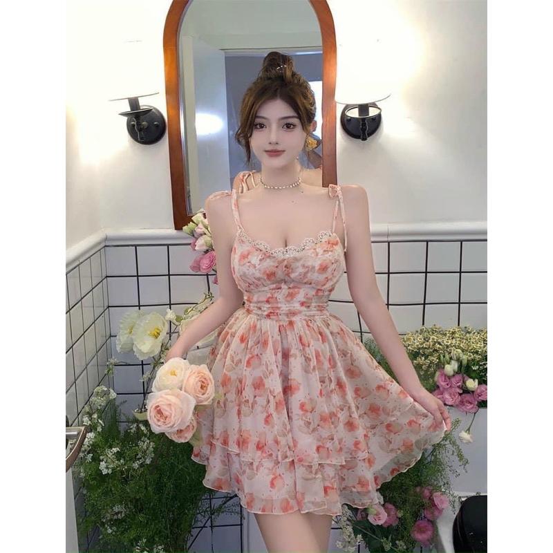 ĐẦM CAM HOA PHỐI REN 2 TẦNG