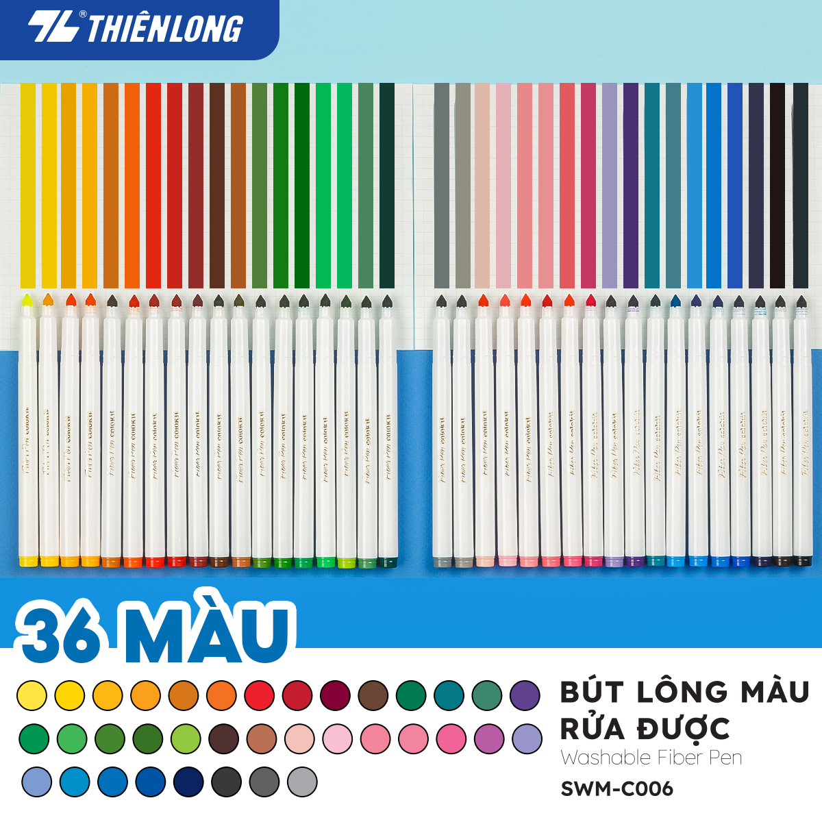 Bút lông màu Fiber Pen 36 màu Thiên Long Colokit rửa được tiêu chuẩn Châu Âu an toàn sử dụng tô màu, vẽ tranh SWM-C006