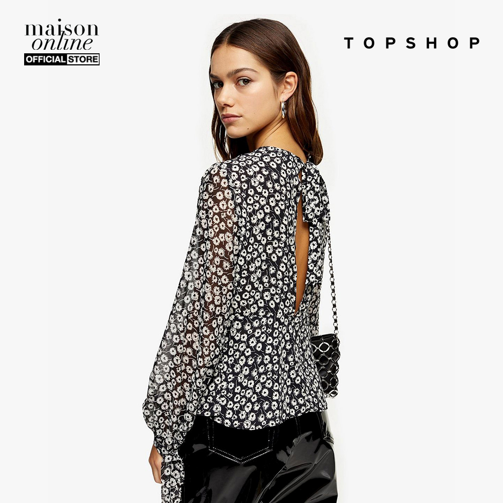 TOPSHOP - Áo kiểu nữ cổ tròn tay dài PETITE Black &amp; White 26B56RMON