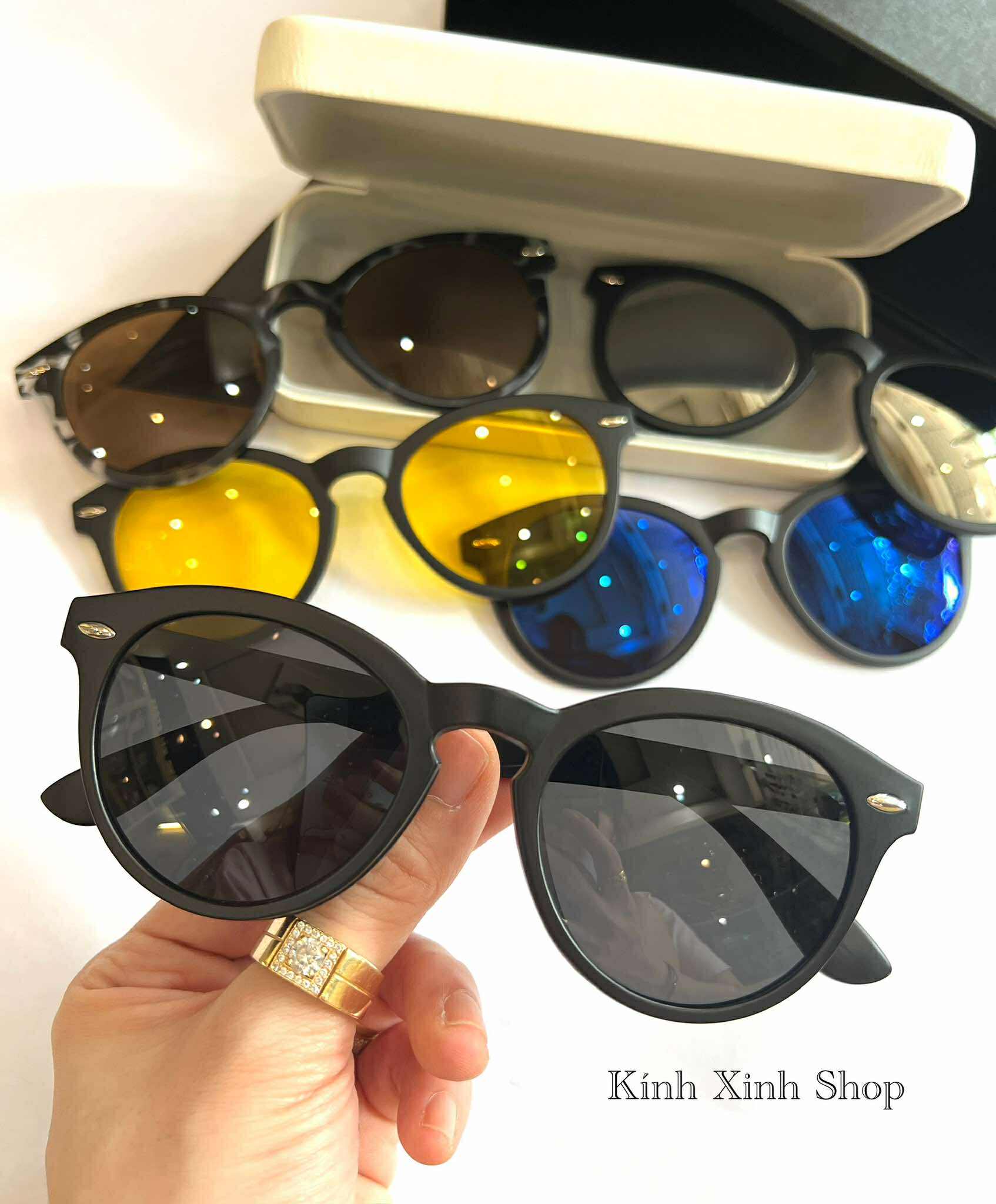 Kính Mắt Nhiều Tròng 6in1, Kính Cận Râm Mắt Tròn Gọng Nhựa Cho Nam Nữ