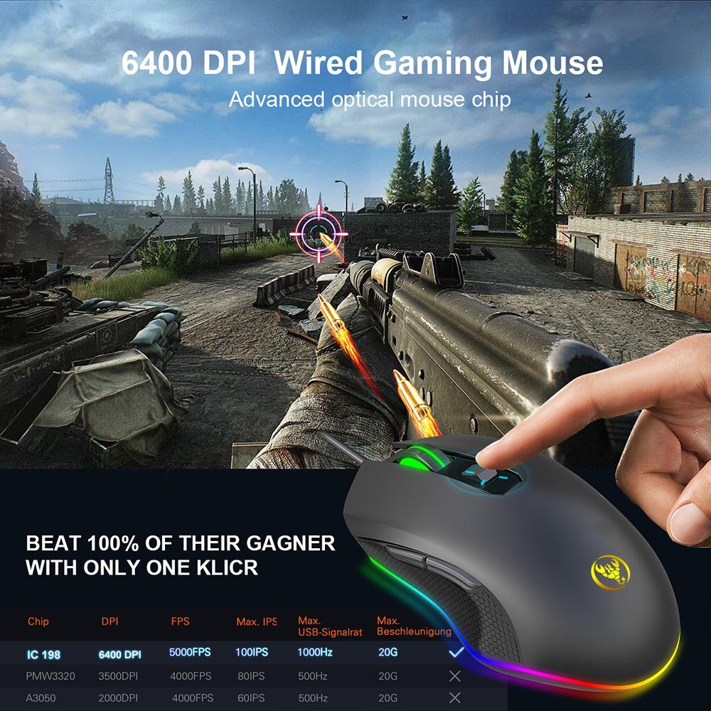 HXSJ 6400DPI Wired Gaming Mouse Four Adjustable DPI RGB Gaming Mouse A866