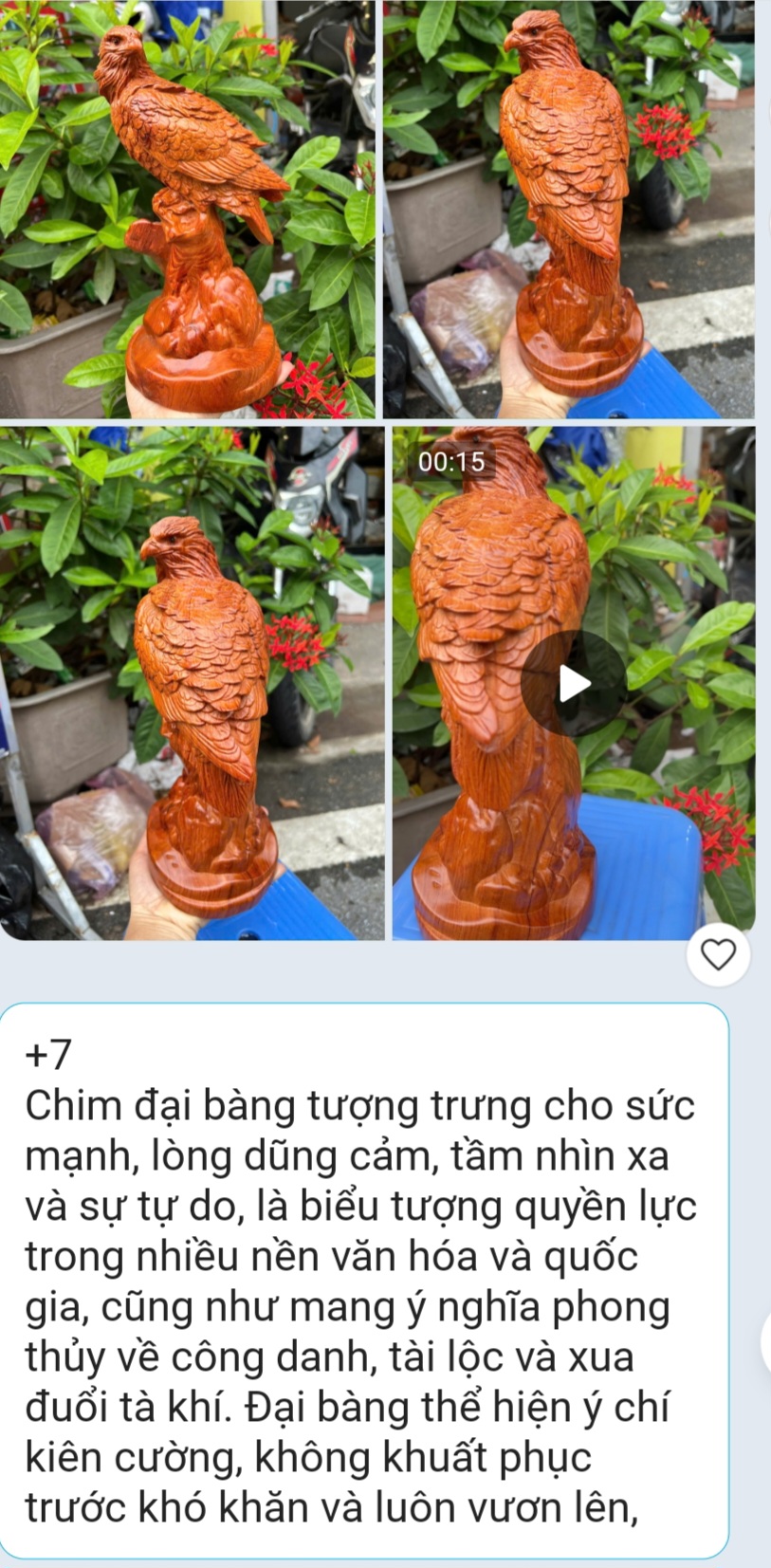 Tượng chim đại bàng phong thủy cầu tài lộc bằng gỗ hương đá cao 30x12cm