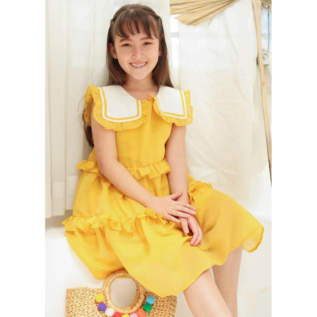 Váy đầm bé gái BYZU, chất vải xốp màu vàng tươi, thiết kế 3 tầng sành điệu (Daisy Dress)