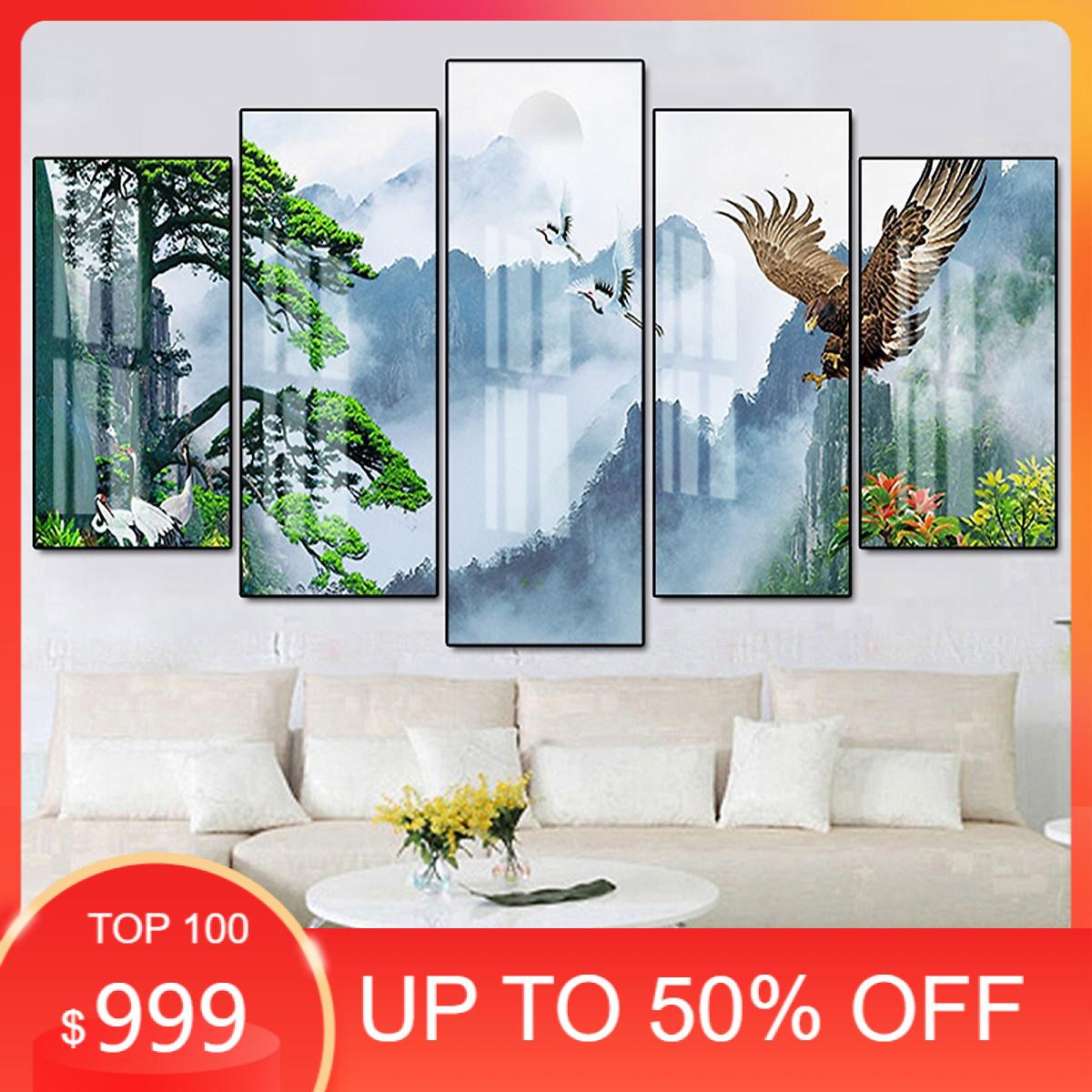 Tranh  Tráng Gương Pha Lê Treo Tường Hiện Đại _ Tranh Bộ 5 Phong Cảnh Sơn Thủy Đẹp