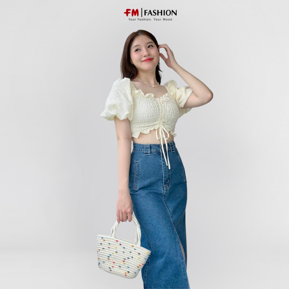 Áo kiểu nữ nhún ngực tay phồng Fmstyle chất thun co giãn croptop basic thích hợp cho mùa hè năng động 23031220