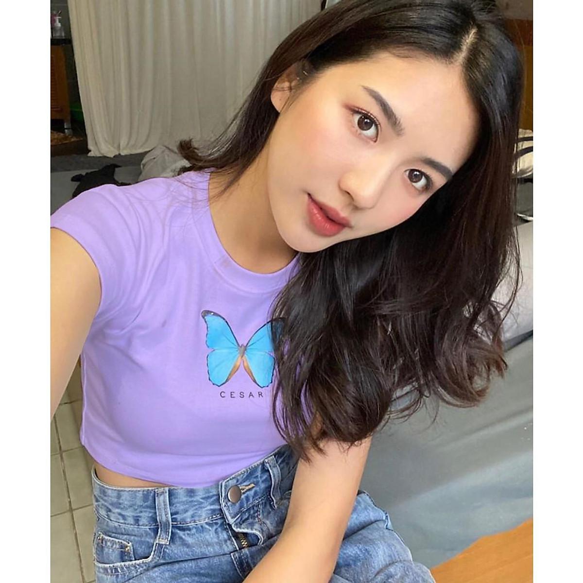 ÁO CROPTOP THUN NGẮN - ÁO KIỂU CRT NGẮN TAY CỔ TRÒN IN BƯỚM