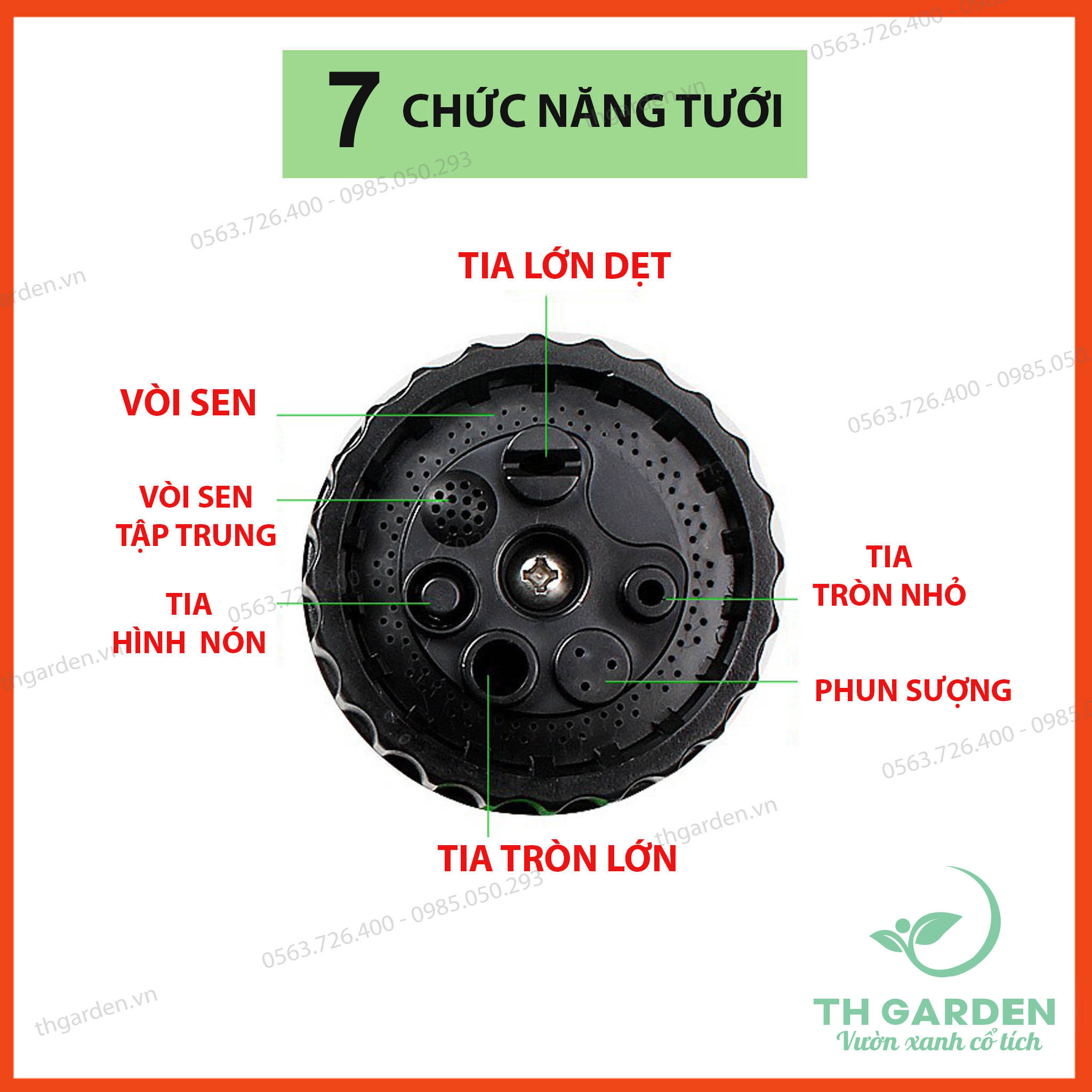 Vòi tưới cây đa năng TH Garden - Vòi xịt nước tưới cây 7 chế độ - Lò xo co giãn chịu áp - Xịt rửa xe đa năng