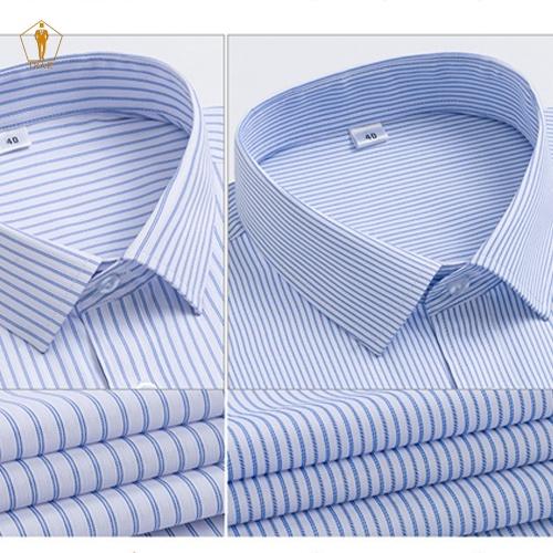 Áo Sơ Mi Nam TRAZ Công Sở Trung Niên Dài Tay Màu Xanh Vải Cotton Kẻ Sọc