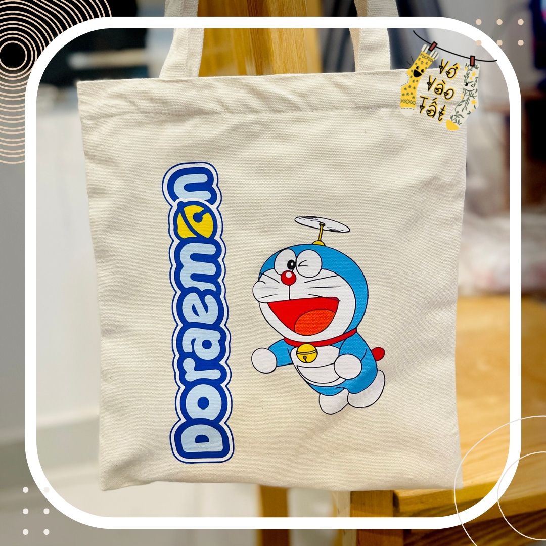 TÚI TOTE CÓ KHÓA VẢI CANVAS MỘC DORAEMON, PHI HÀNH GIA. CHÓ SHIBA